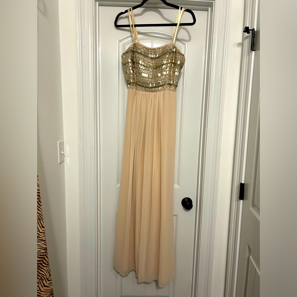Long beaded dress with tan sheer and underlined skirt.